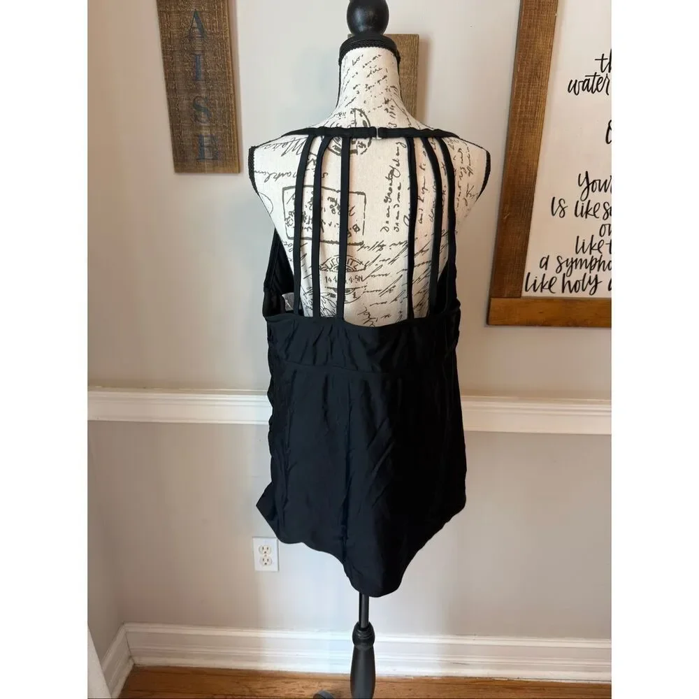 Ava & Viv Women's Caged Strappy Back Twist Front Swim Tankini Top Black Sz 22W